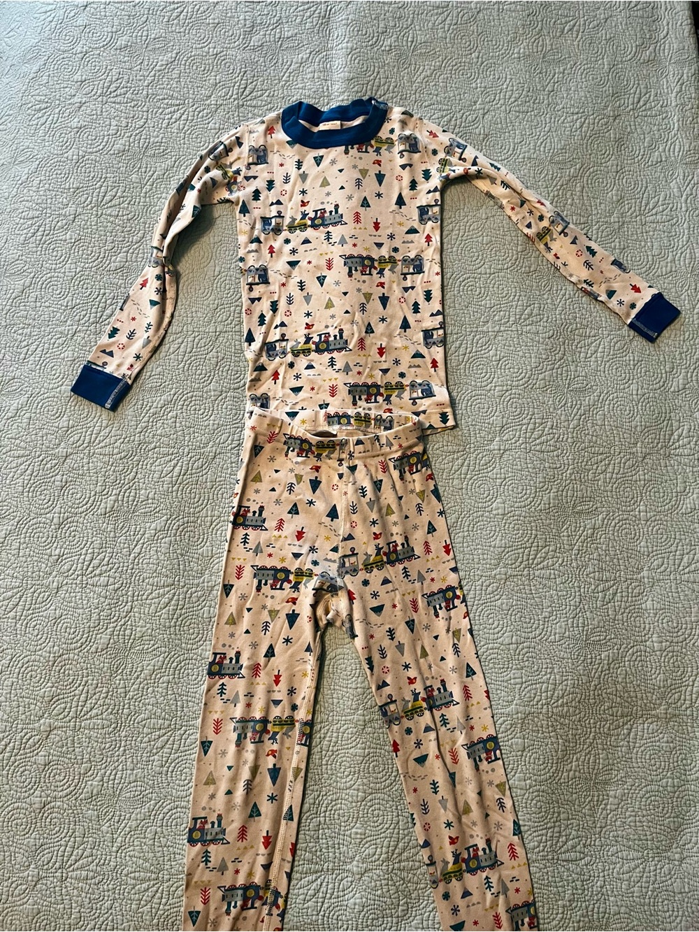 Hanna Andersson white Holiday Train Pajama Set with Blue Trim